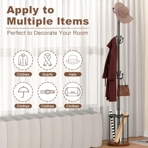 Coat Rack Freestanding, Coat Rack Stand with Umbrella Holder, Coat Tree, Coat Hanger Stand with 12 Hooks for Clothes Bag Hats, Hat Rack Hall Tree Coat Hanger Umbrella Stand for Entryway - Image 3