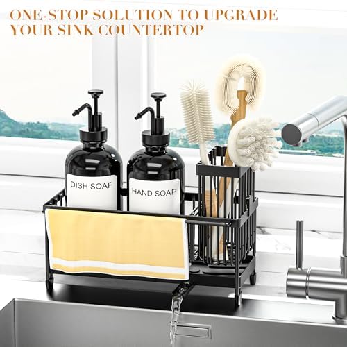 Kitchen Soap Dispenser Set with Sponge Holder and Towel Rack, 17OZ Glass Bottle, Hand and Dish Soap Dispenser Set, Non-Slip Silicone Pad, Brush Holder, Kitchen Sink Caddy Organizer Countertop (Black) - Image 5