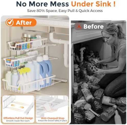 Under Sink Organizer, 2-Pack 3-Tier Height Adjustable Thickened Metal Pull out Cabinet Organizer Shelf, Slide out Storage Drawer Rack for Bathroom Kitchen Pantry Home Laundry Organization (White) - Image 2