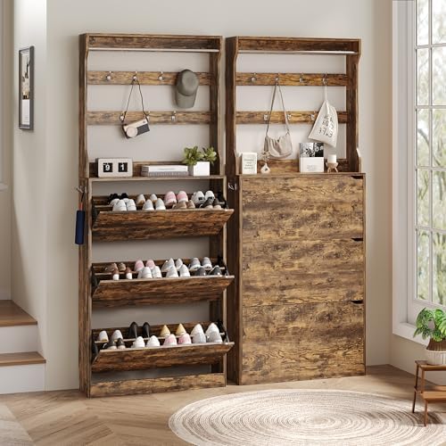 Wodeer Tall Shoe Cabinet with Coat Rack, Hidden Shoe Storage Cabinet with Doors & Drawer, Hanging Bar & Hooks, Slim Narrow Freestanding Shoe Rack Organizer for Entryway, Hallway & Living Room, Brown - Image 3