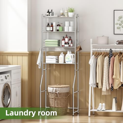 Ekisemio Over the Toilet Storage Cabinet, Metal 4 Tier Bathroom Shelves Over Toilet, Bathroom Oragnizer with 4 Hooks and Paper Holder, Chrome - Image 6
