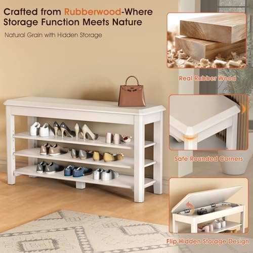 IUNVR Shoe Rack Bench Seat Rubberwood 3-Tier Wooden Storage Bench 550lbs Compact Mid-Century Modern Design for Entryway, Hallway, Closet, Front Door Entrance, Foyer - Image 6