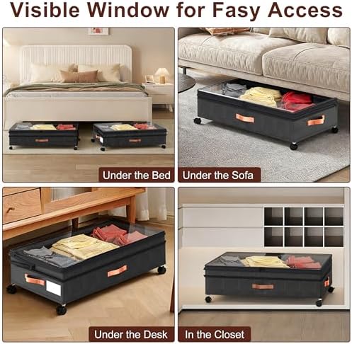 XXL Under Bed Storage with Wheels, 2 Pack 70L Extra Large Rolling Organizer, Heavy-Duty Foldable Storage Container with Lids, Fits 10" Clearance, Black - Image 7