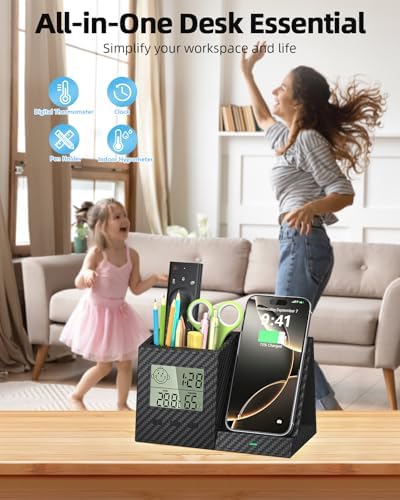 Desk Organizer with Wireless Charger, Digital Clock, Thermometer & Hygrometer - Multi-Functional Pencil Holder, Office Desk Accessories Storage Caddy for Home, Office, Men, Women (Battery Included) - Image 3