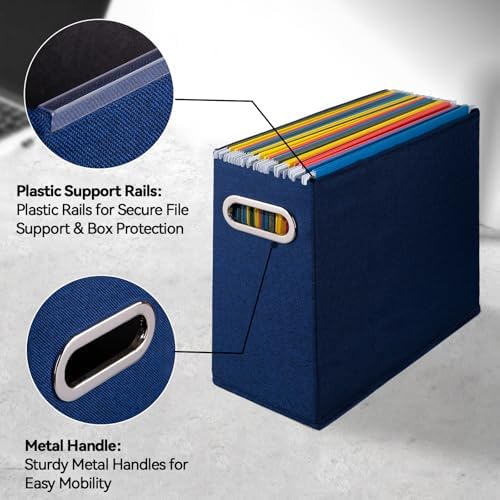 4 Pack Letter Size File Storage Box Collapsible, Fabric Hanging File Folders Organizer, Portable Office Document Holder with Metal Handle, Smooth PVC Rails, Blue - Image 4