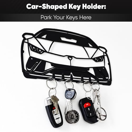MOOH Metal Automotive Key Holder with 6 Hooks - Unique Wall Mounted Car Lovers Gifts for Men & Women - Cool Man Cave Decor (Lamborghini Huracan 2024, Black) - Image 2