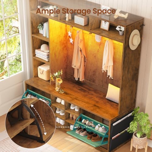 Itaar Hall Tree with Bench and Shoe Storage, 59.1" Farmhouse Entryway Bench with Coat Rack, Shoe Cabinet with Flip Drawers, 12 Shelves, 9 Coat Hooks, Storage Bag, Led Lights, Rustic Brown - Image 5