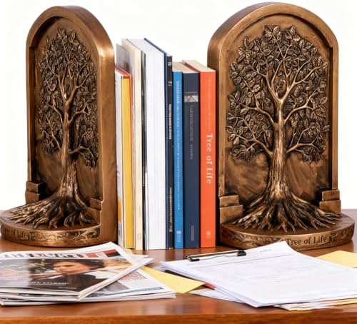 Large Vintage Tree of Life Bookends Set – 2 Non-Skid Heavy Bookends, Antique Bronze Finish Resin Decorative Bookends for Heavy Books, Office, Library, Bookshelf, Living Room, Housewarming Gift - Image 5