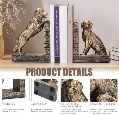 Tatuo 2 Pcs Decorative Golden Brass Dog Bookends for Shelves - Image 3