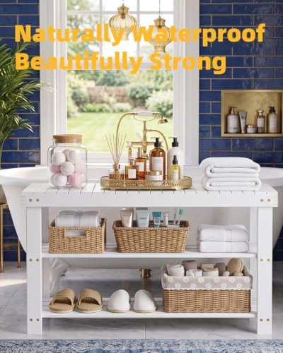 SMIBUY Bamboo Shoe Rack Bench, 3-Tier Shoe Organizer Storage Shelf for Entryway Hallway Bathroom Living Room (White) - Image 5