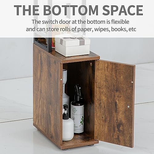 SUNTAGE Small Narrow Bathroom Storage Cabinet w/Toilet Paper Roll Holder, Slim Toilet Paper Storage for Bathroom, Brown - Image 4