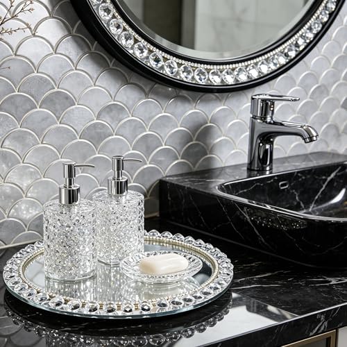 Large Round Crystal Tray, 12"x12" Silver Rotatable Perfume Tray - Image 6
