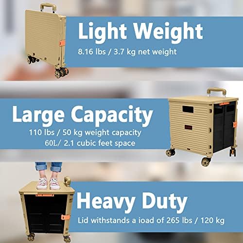 Folding Rolling Utility Cart,Wear-Resistant Noiseless Shopping Trolley Carts with Wheels for Grocery,Portable Crate Storage Tool Box with Lid Used as a Seat for Moving Office Use/Travel/Picnic/Books - Image 2