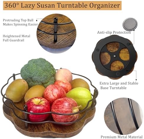 2 Pack, 11" & 12" Wooden Lazy Susan Turntable with Higher Metal Sides, 360° Rotating Lazy Susan Organization and Storage for Cabinet, Table Top, Kitchen, Countertop, Dining Table, Pantry, Coffee Bar - Image 2
