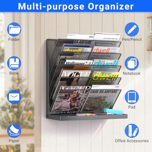 Legal/Letter Size 6 Tier Wall File Organizer,2-in-1 Wall Mounted&Desktop File Holder,2 Installation Methods Screws & Adhesive,Mesh Document Organizer with Label Plate for Home Office - Image 7