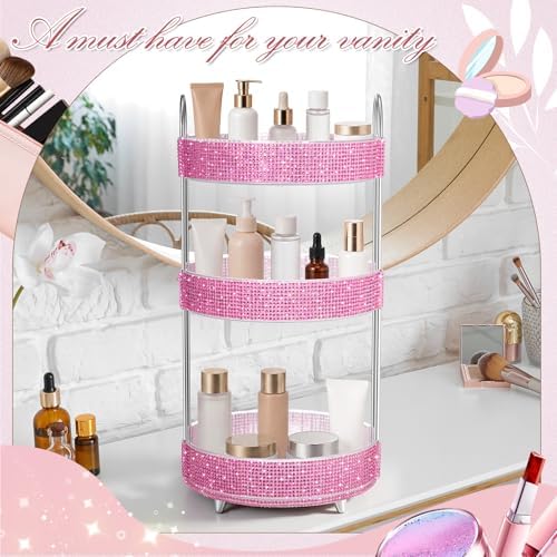 Honeydak Rotating Perfume Organizer Tray, 3 Tiers, Resin Diamond, Pink - Image 4