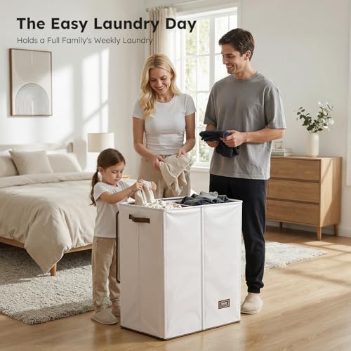 SOLEDI Luxury Double Laundry Hamper with Lid and Removable Bags, 38.3 Gal Large Laundry Bin, Laundry Basket 2 Sections, Collapsible Clothes Hamper for Bedroom, Laundry Room, Bathroom, Off-white - Image 3