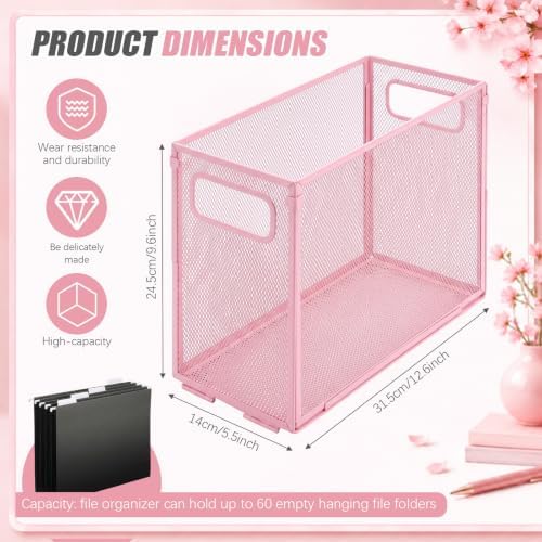 Zhengmy 3 Pcs Hanging File Organizer Letter Size File Holder Metal Mesh Filing Box Desktop Folder Letter Storage Cabinets Magazine Holder with Handles for Home Office School Document (Pink) - Image 3