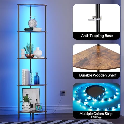 SUNMORY 5 Tier Corner Shelf with LED Light, Industrial 65" Corner Shelves - Image 4