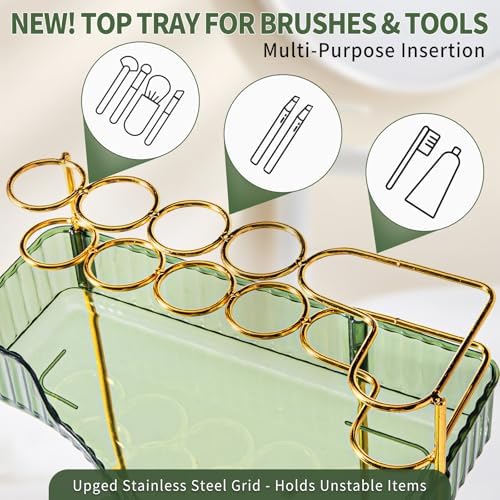 shuang qing Upgraded 2-Tier Corner Bathroom Countertop Organizer – Spacious Storage for Makeup, Skincare & Perfumes, Built-in Brush Holder Fits Vanity/Dresser/Bsthtub (Sage Green) - Image 3