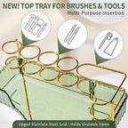 shuang qing Upgraded 2-Tier Corner Bathroom Countertop Organizer – Spacious Storage for Makeup, Skincare & Perfumes, Built-in Brush Holder Fits Vanity/Dresser/Bsthtub (Sage Green) - Image 3