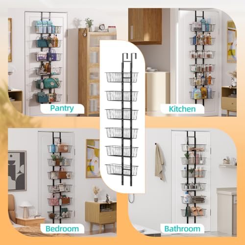 6-Tier Over The Door Organizer Metal Spice Rack Hanging Storage Pantry Organizer with Adjustable 6 Baskets, Space-Saving Behind Door Shelf for Kitchen, Bathroom, Laundry Room, Black - Image 5