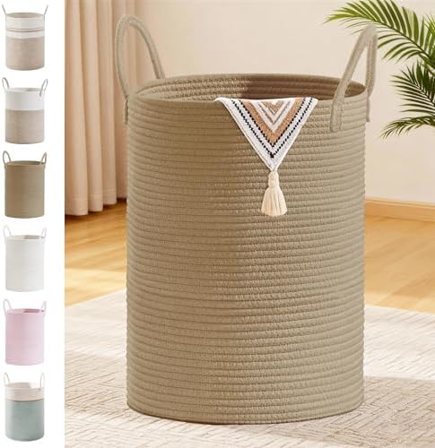 100L Extra Large Tall Cotton Rope Laundry Basket with Handles, Jute by SunNewt