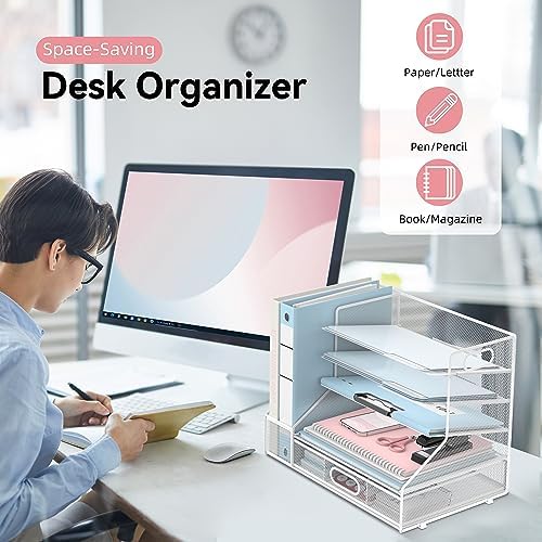 Desk Organizer with 5 Tier File Holder and Sliding Drawer Pen Holder White - Image 6