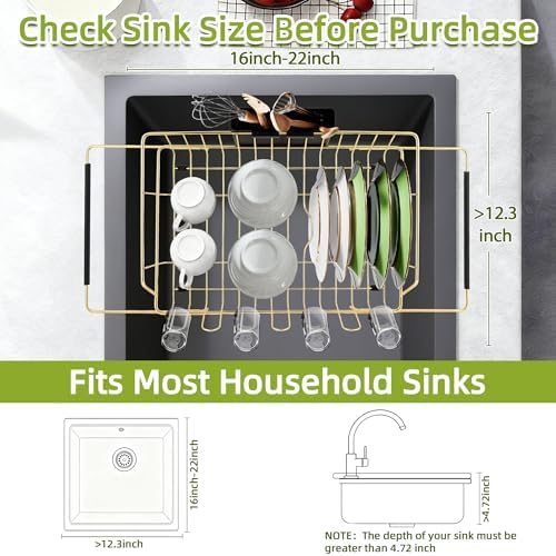 Golden Expandable Dish Drying Rack-Extra Large Stainless Steel Dish Drainer Over The Sink for Kitchen Countertop with Utensil Holder, Applicable for Sink Width 16'-22' (Gold,23.2'*12.2') - Image 3