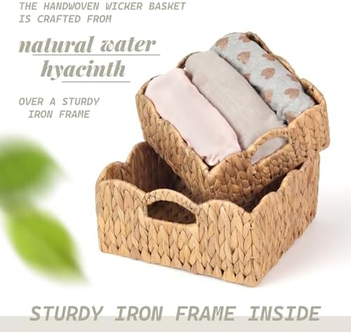 Scalloped Baskets (Natural-Set of 2) Basket Living Room Organizer, Water Hyacinth Baskets For Decor, Woven Basket for Bathroom, Bedroom, Laundr (2, Light Brown) - Image 3
