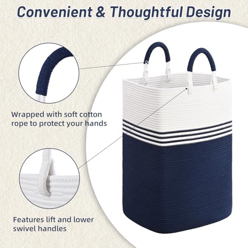 Laundry Basket Hamper,Blanket Storage,Dirty Clothes Hamper with Swivel Handles,Woven Cotton Rope Toy Baskets,Blanket Basket Living Room,Decorative Hampers for Nursery,Bedroom,White & Blue,80L - Image 2
