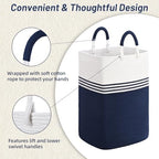 Laundry Basket Hamper,Blanket Storage,Dirty Clothes Hamper with Swivel Handles,Woven Cotton Rope Toy Baskets,Blanket Basket Living Room,Decorative Hampers for Nursery,Bedroom,White & Blue,80L - Image 2