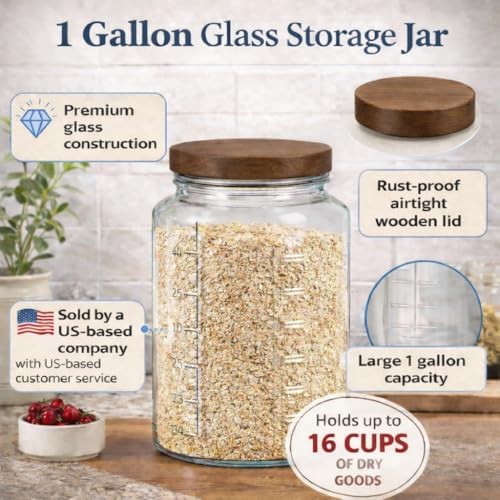 kitchentoolz Extra Large Mason Jar - 1 Gallon Glass Wide Mouth Jar with Airtight Wooden Lid, Food Storage Container with Measurement Markings For Kitchen Pantry, Pickling, Cookies, Flour & Sugar - Image 7