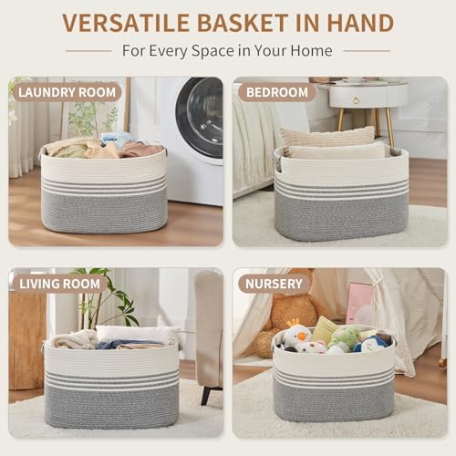 Laundry Hamper with Handles, 72L Rope Laundry Basket, Grey & White - Image 4