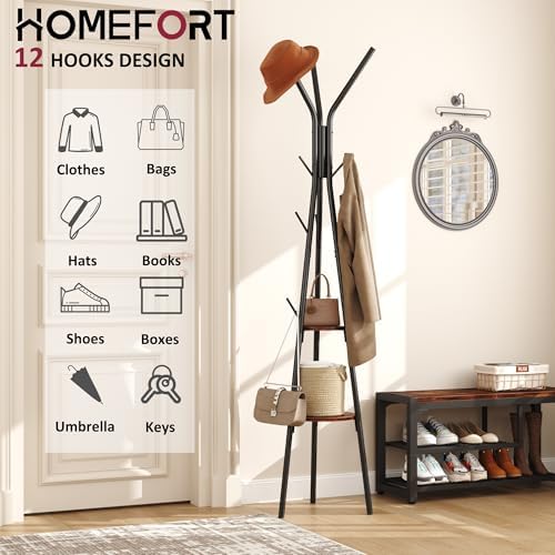 HOMEFORT Coat Rack, Coat Hanger Stand with 2 Shelves, Freestanding Hall Tree, Metal Hat Hanger with 12 Hooks for Clothes Hats and Scarves, Black and Rustic Brown,15.7" Wx15.7 Dx72.8H - Image 5