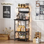 SUPERJARE 4 Tier Bakers Rack with Power Outlets, Microwave Stand with Adjustable Shelf, Kitchen Shelf Organizer for Small Space, Coffee Bar with 6 S Hooks, Kitchen Storage Rack, Black - Image 3