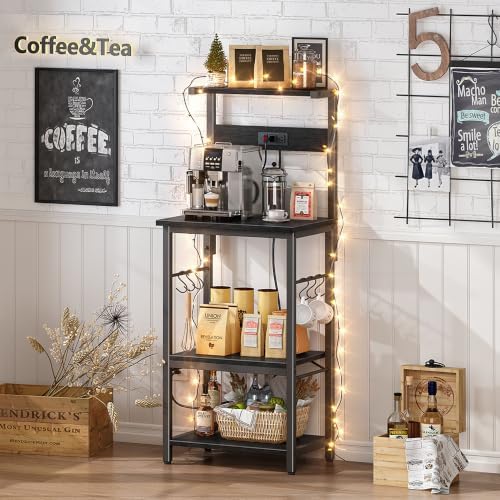SUPERJARE 4 Tier Bakers Rack with Power Outlets, Microwave Stand with Adjustable Shelf, Kitchen Shelf Organizer for Small Space, Coffee Bar with 6 S Hooks, Kitchen Storage Rack, Black - Image 3