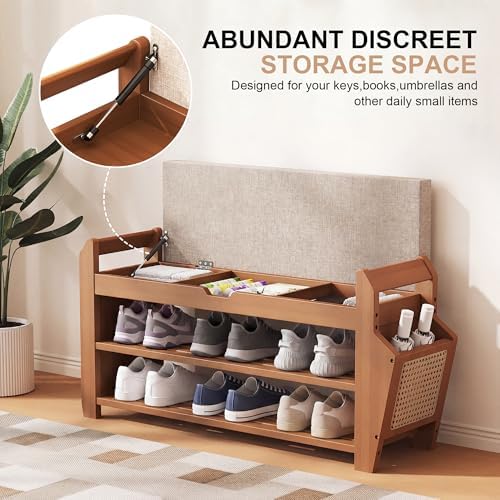 PETKABOO 31.5" Bamboo Shoe Rack Bench with Storage, 3-Tier Entryway Bench with Thick Cushion, Flip-Top & Side Baskets, Holds Up to 550 LBS for Hallway, Living Room, Bedroom - Image 3
