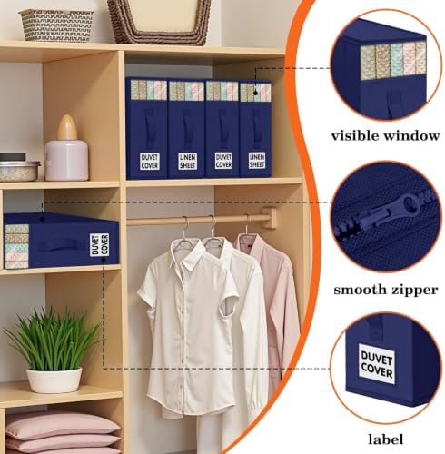 WOWBOX Sheet Organizers and Storage,Closet Bed Sheet Organizer Under Bed Storage and Organization with Label Cards & Clear Window for Bedding Sheets,Duvet Covers,Blankets (3 Pack，Blue) - Image 2