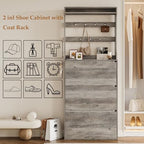 Wodeer Tall Shoe Cabinet with Coat Rack, Hidden Shoe Storage Cabinet with Doors & Drawer, Hanging Bar & Hooks, Slim Narrow Freestanding Shoe Rack Organizer for Entryway, Hallway & Living Room, Grey - Image 5