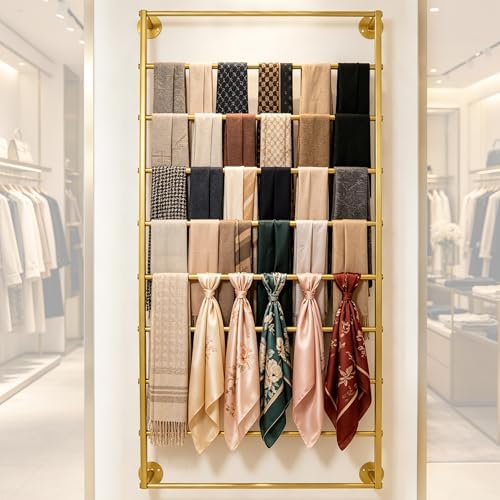 10 Tier Wall Mounted Tie Rack Scarf Display Stand Belt Pants Hangers Scarves Hijab Stand, Towel Rack Ribbon Holder,Wrapping Paper Spool Storage for Retail,Store (Gold, 10 Tier 23.6x47.2in) - Image 2
