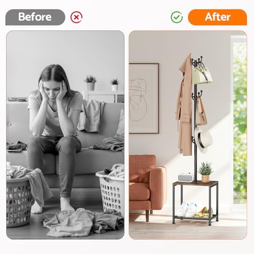 Coat Rack Freestanding, Hat Rack Hall Tree with Bench and Shoe Storage, 3-in-1 Coat Hanger Purse Rack Bag Rack Coat Tree Clothes Tree, Vintage Entryway Corner Coat Rack with Shoe Storage - Image 5