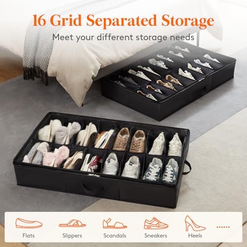 Lifewit Under Bed Shoe Storage Organizer 4 Pack(16 Shoes Cells), 4.3 Inches Profile Fabric Shoes Container Box with Clear Cover, Foldable Storage Bag with 2 Handles, Fits 32 to 64 Pairs - Image 5