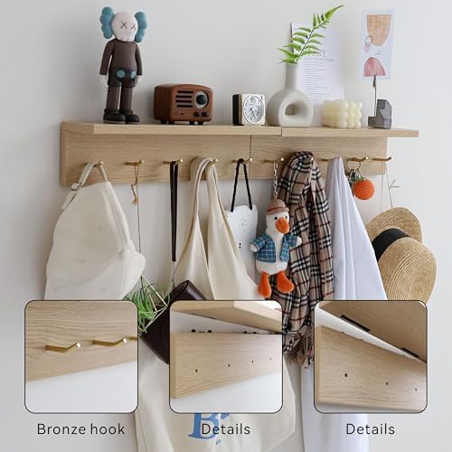 Marine Plywood Wall Mounted Coat Rack with Shelf & Key Hooks, 5 Brass Hooks Entryway Organizer, Modern Floating Shelf for Bedroom Hallway, Space-Saving Home Storage Rack (2, Oak Finish) - Image 2