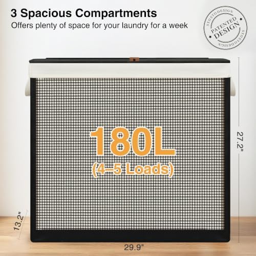 STO STO 3 Section Laundry Hamper with Lid, 180L Steel-Frame 3 Compartment Laundry Sorter with Removable Washable Liner, Breathable Large Laundry Basket for Bedroom, Bathroom, Laundry Room, Dorm - Image 3