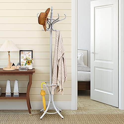 Tangkula 75.5" Standing Coat Rack, Wood Coat Tree with 12 Hooks, Home Hat Jacket Hanger Tree 12 with Umbrella Holder Coat Stand (Grey) - Image 4