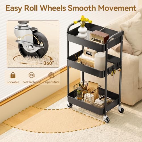 YASONIC 3-Tier Metal Rolling Cart Utility Carts with Wheels Black - Image 3