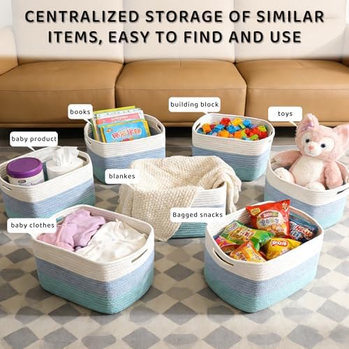 4 Pack Storage Baskets for Organizing, 11''Lx9''Wx8''H Woven Baskets for Storage Toys, Towels, Books, and Clothes, Cotton Rope Basket for Shelves with Handle - Image 6