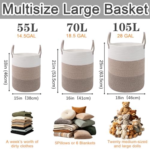 70L Woven Laundry Basket,Large Clothes Hamper with Handles- Brown - Image 2