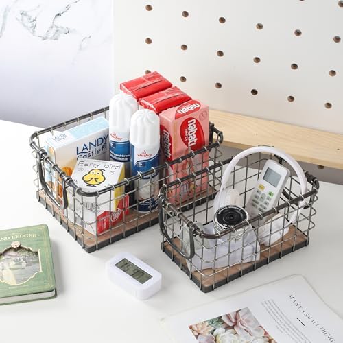 13.8" Wide Rectangular Sturdy Hand Welded Farmhouse Metal Wire Basket with Rustic Wooden Bottom For Shelves, Closet Storage Bins for Shelves. Also For Laundry, Towel, Spice Rack, Tool Box (14"x9") - Image 4